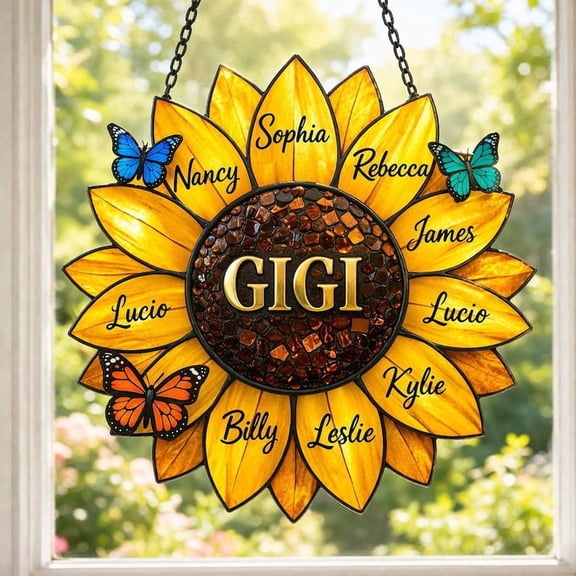 Personalized Sunflower Suncatcher with Names, Custom Family Window Hanging, Stained Acrylic Flower Decor Gift