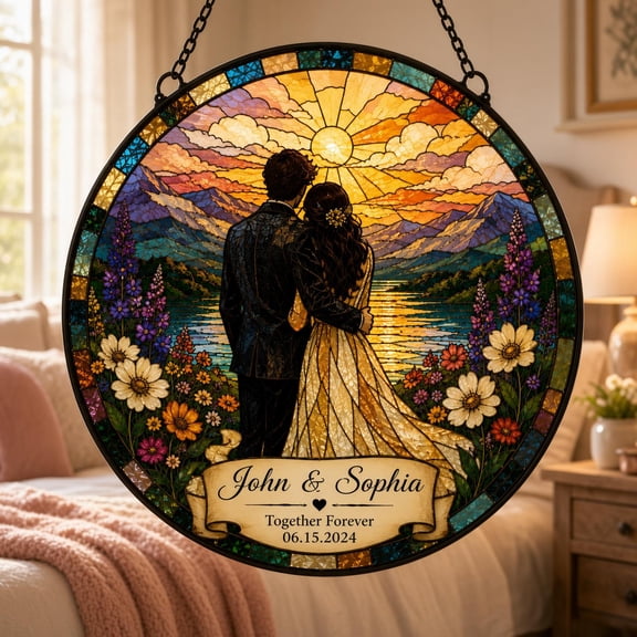 Personalized Sunset Couple Landscape Suncatcher, Glass, 3.5 Inch Round, Custom Names and Date, Hanging Window Decor, Wedding Gift by Solaria Suncatcher