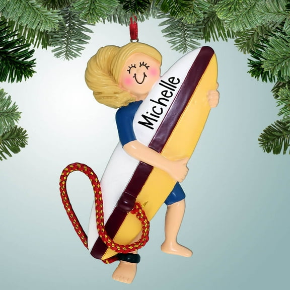 Personalized Surfer Female Carrying Board - Blonde Hair Christmas Ornament - Ride the Waves - Loves to Surfing - Go Surfing - Great Gift Ideas