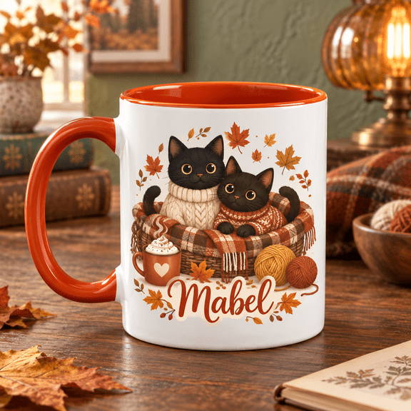 Personalized Sweater Weather Cats Mabel Ceramic Coffee Mug Fall Gift