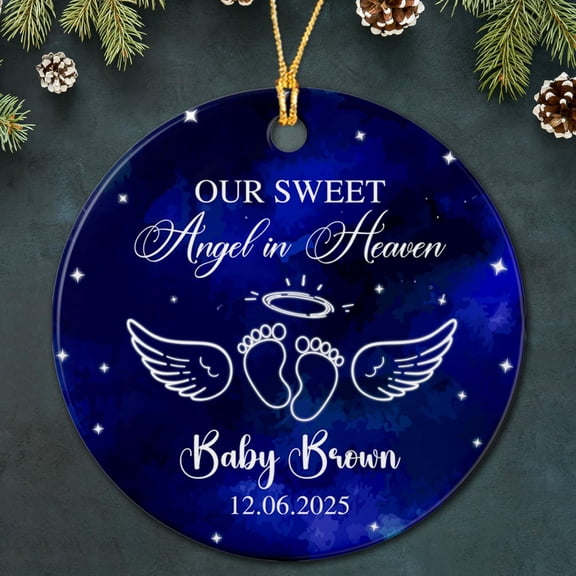 Personalized Sweet Angel in Heaven Ceramic Ornament - Custom Date Name Baby Paw Xmas 2025 - Gift for Loss of Baby With Wings