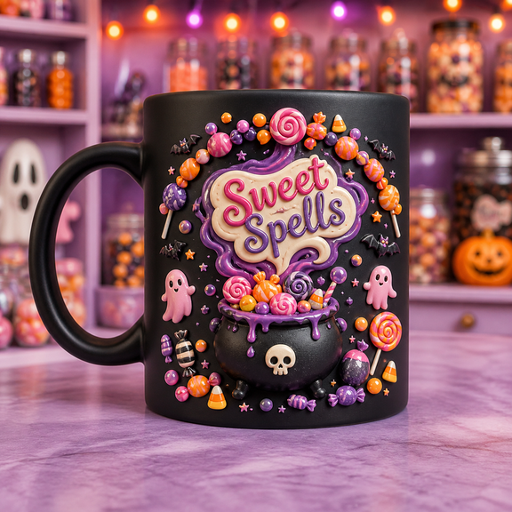 Personalized Sweet Spells Candy Cauldron Ceramic Coffee Mug Halloween Gift