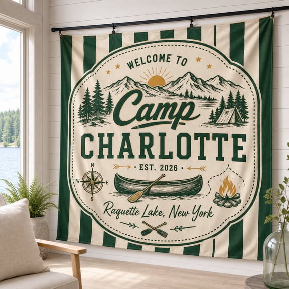 Personalized Tapestry: Custom Camp Name Cabin Wall Hanging, Green Stripe Decor