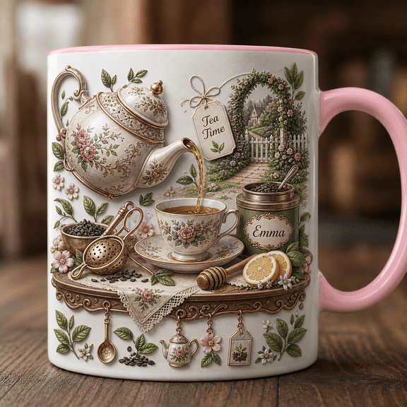 Personalized Tea Lover Ceramic Mugs with Teapot & Tea Leaves Design, Custom Name Gift
