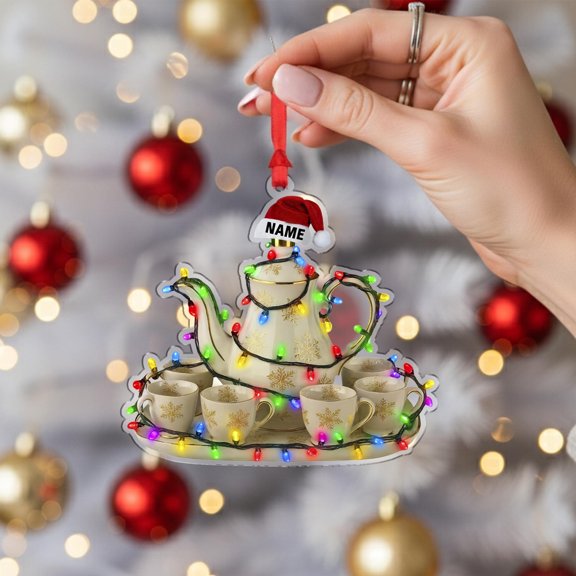 Personalized Tea Set Acrylic Christmas Ornament with Lights Custom Name Teapot & Cup Holiday Tree Decor, Tea Lover Home/Entertaining Keepsake