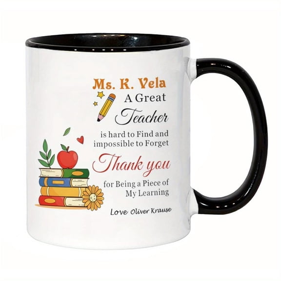 Personalized Teacher Appreciation Mug Name Initials 11oz Ceramic Coffee Cup with Icons Apple Books Pencils Mrs Johnson Mr Williams Design Educators Classrooms Durable White Black Cup