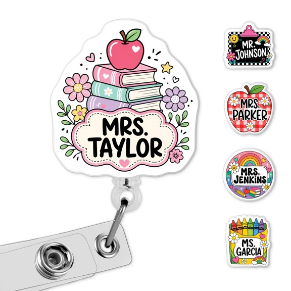 Personalized Teacher Books Apple Badge Reel, Custom Ms Mrs Name Retractable ID Holder