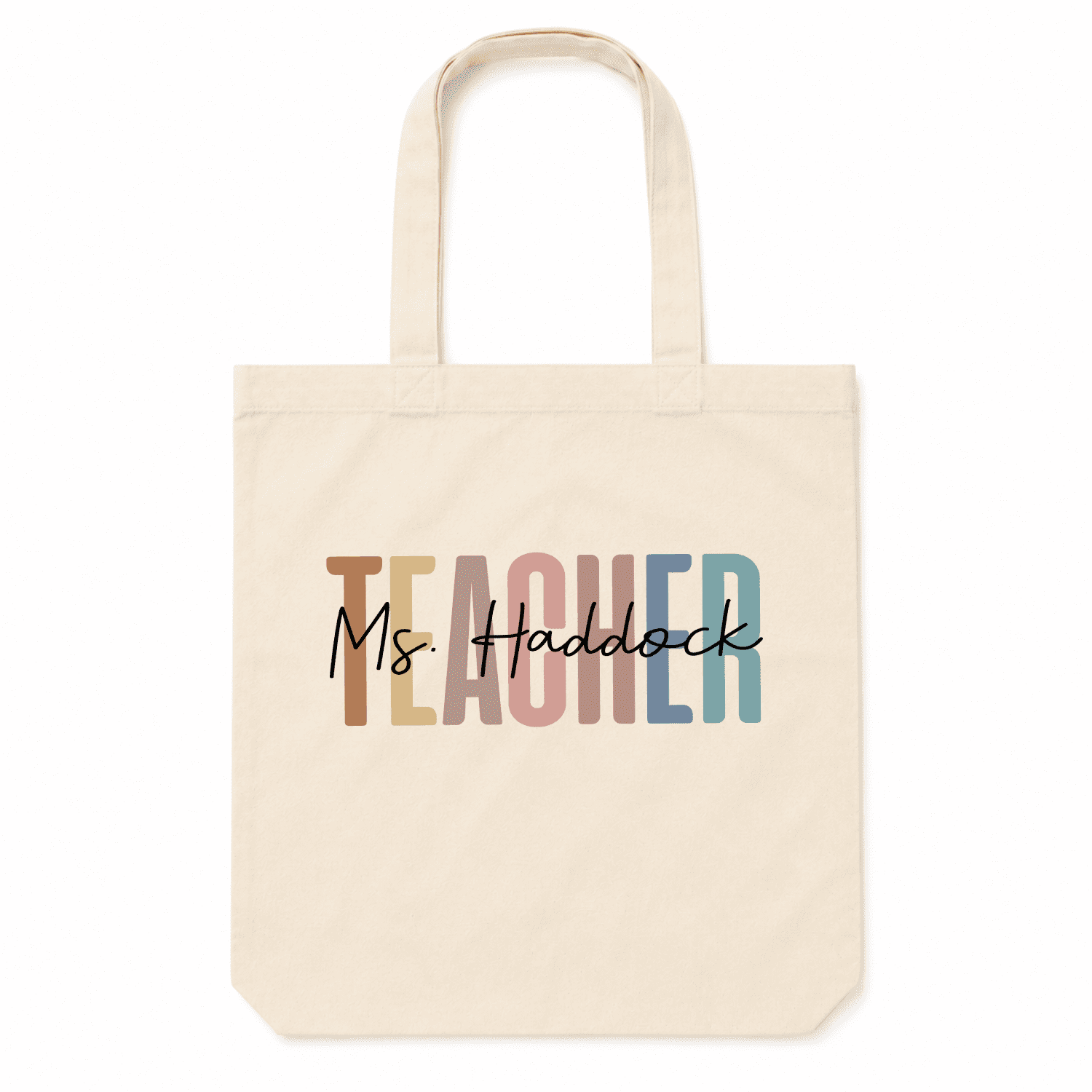Personalized Teacher Canvas Tote Bag with Custom Name, Boho Retro Multi-Color Teacher Appreciation Gift Shoulder Shopping Bag
