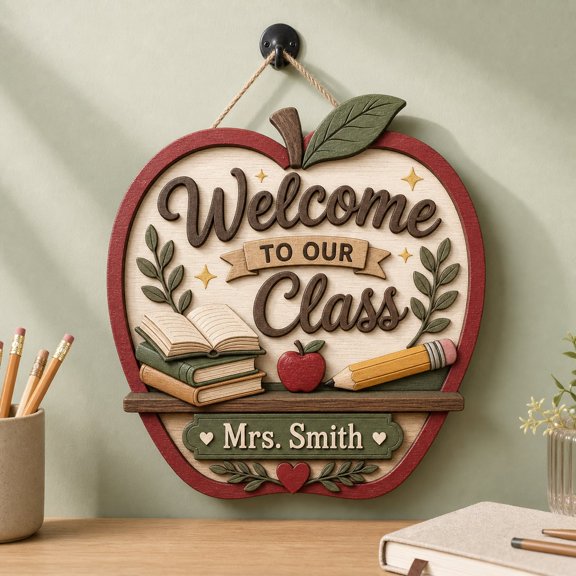Personalized Teacher Door Hanger Sign with Apple Classroom Decor