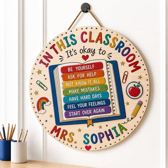 Personalized Teacher Door Hanger Wooden Sign Rainbow Classroom Decor