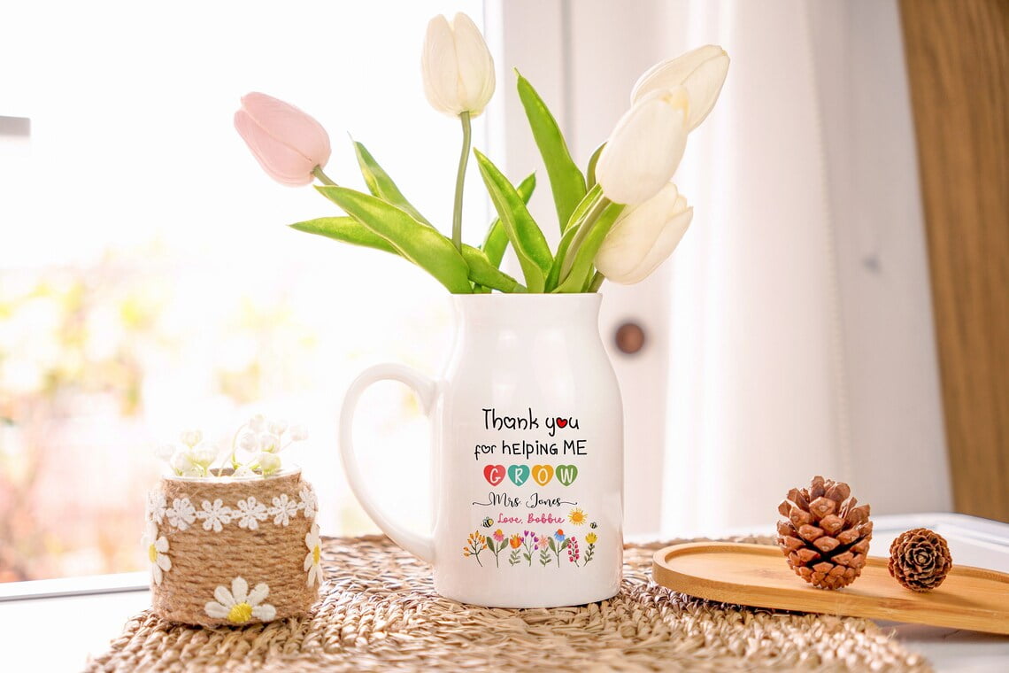 Personalized Teacher Flower Vase, Thank You Teacher Gift, Teacher Appreciation Mug Vase, Wildflower Vase with Custom Name