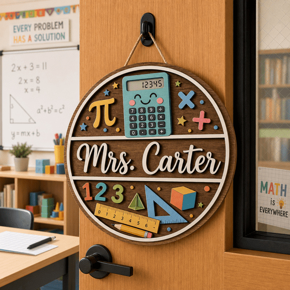 Personalized Teacher Math Theme Wooden Door Sign for Appreciation Gift