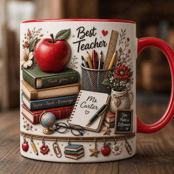 Personalized Teacher Mug 3D Effect Custom Name Apple Book Coffee Cup Gift