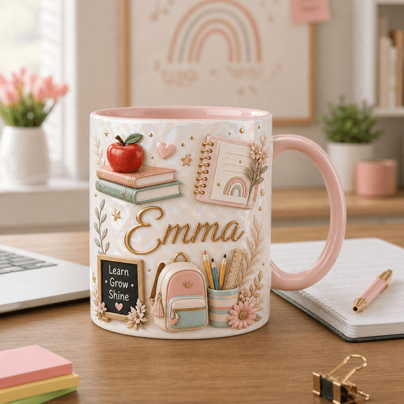 Personalized Teacher Mug, Boho Back to School Coffee Cup with Custom Name Gift
