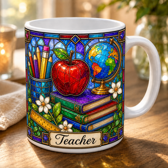 Personalized Teacher Mug Stained Glass Apple Design Back to School Teacher Gift