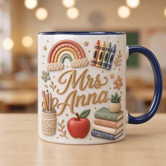 Personalized Teacher Mug with Name Boho Rainbow Navy Handle Back to School Gift