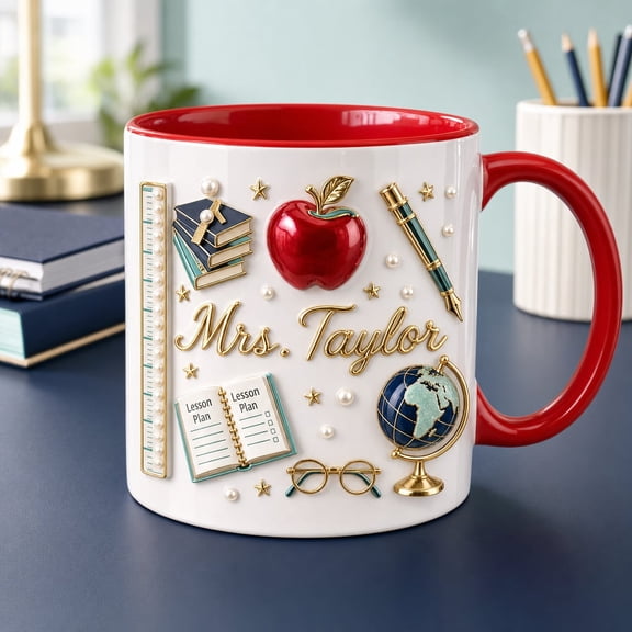 Personalized Teacher Mug with Name, Cute Apple Coffee Gift Cup
