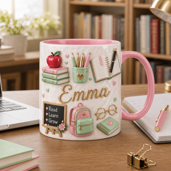 Personalized Teacher Mug with Name, Iridescent Classroom Coffee Cup Back to School Gift