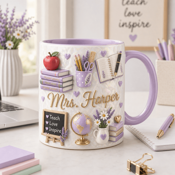 Personalized Teacher Mug with Name, Lavender Back to School Coffee Cup Gift