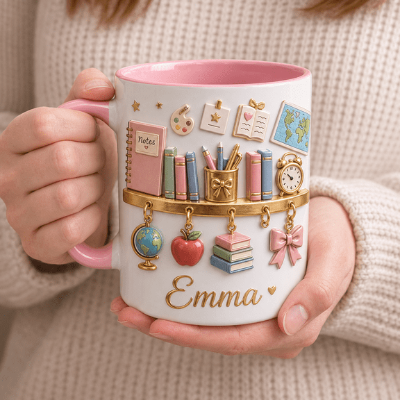 Personalized Teacher Mug with Name, Pink Handle White Coffee Cup for Back to School Gift