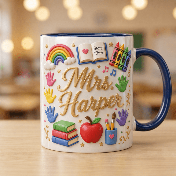 Personalized Teacher Mug with Name, Rainbow Handprints Classroom Coffee Cup Gift