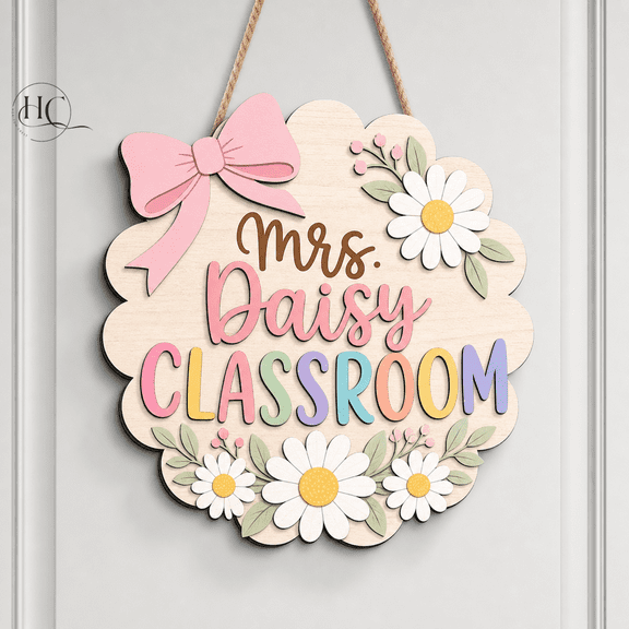 Personalized Teacher Name Sign Daisy Wooden Classroom Door Hanger for Teacher