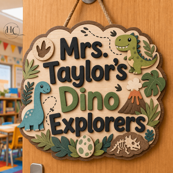 Personalized Teacher Name Sign Dinosaur Explorers Wooden Classroom Door Sign for Teacher Appreciation