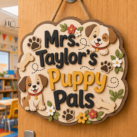 Personalized Teacher Name Sign Puppy Pals Wood Classroom Door Hanging for Teachers