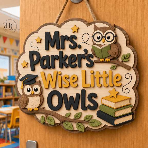 Personalized Teacher Name Sign Wise Owl Wooden Classroom Door Sign for Teacher Appreciation