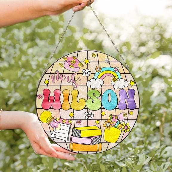 Personalized Teacher Stained Glass Hanging Sign, Teacher Suncatcher with Name, Disco Ball Classroom Decor, Teacher Door Hanger Gift