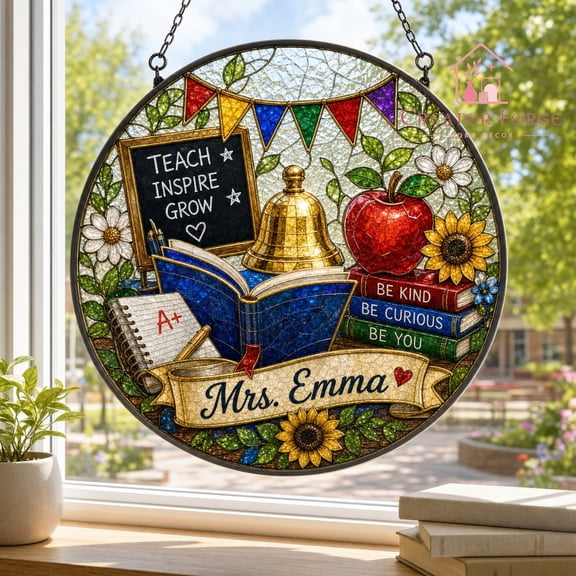 Personalized Teacher Suncatcher Apple Books Chalkboard Classroom Window Decor | Stained Glass Style Gift for Her