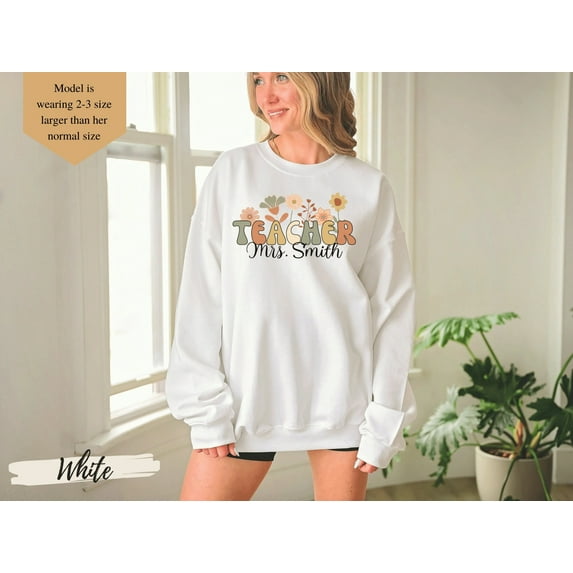 Personalized Teacher Sweatshirt, Groovy Retro Wildflowers Teacher Crewneck Sweatshirt, Gift for Teacher, Custom Gifts for Teacher Name Shirt