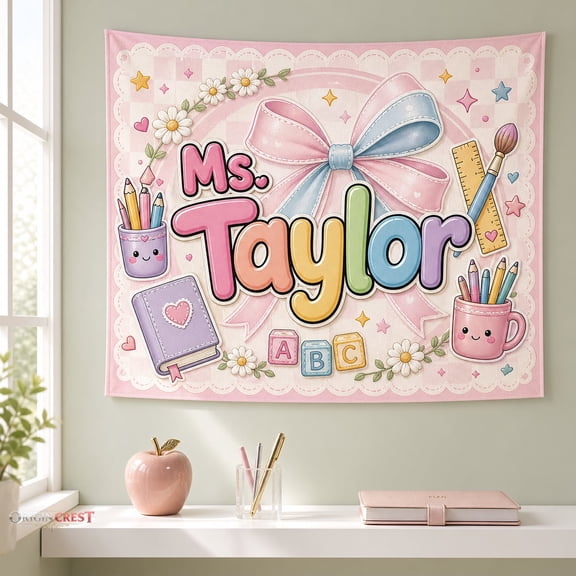 Personalized Teacher Tapestry with Custom Name - Colorful Classroom Wall Decor