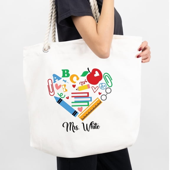 Personalized Teacher Tote Bag, Custom Name School Bag, Teacher Appreciation Gift, ABC Hear