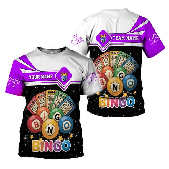 Personalized Team Name and Name colorful BINGO 3D Shirt, Custom Bingo game Shirts for Team, Men Women unisex T shirt (Purple, 2XL)