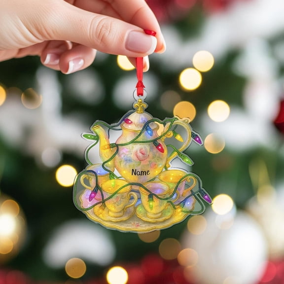 Personalized Teapot Acrylic Christmas Ornament with Fairy Lights Custom Name Tea Lover Holiday Tree Decor, Kitchen/Home Entertaining Keepsake
