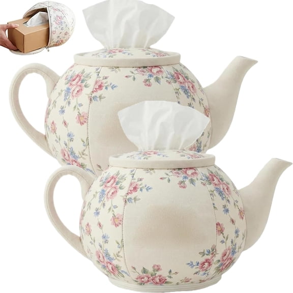 Personalized Teapot Tissue Box Cover, Mom's Tea Time Fabric Teapot Shaped Tissue Box, Vintage Floral Rose Design, Tea Lover Home Decor, for Love Teas, Flowers, and All Things Nostalgic (2pcs)