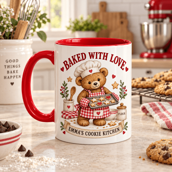 Personalized Teddy Bear Baking Cookies Red Ceramic Coffee Mug Baker Gift