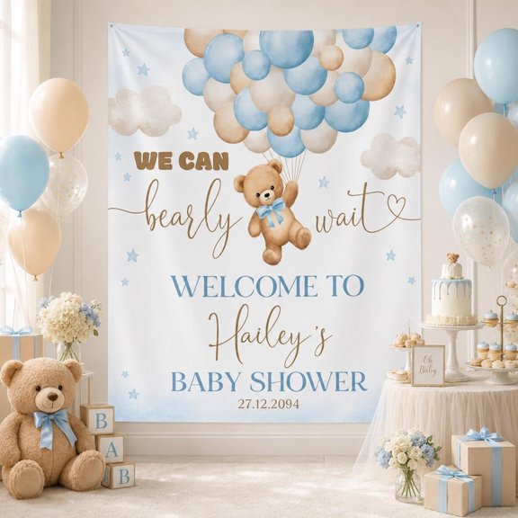 Personalized Teddy Bear Celebration Linen-Style Fabric Tapestry, Custom Name and Date Party Backdrop for Special Occasion Decor and Photo Display