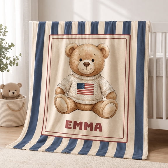 Personalized Teddy Bear Fleece Blanket, Custom Name Small Blanket, 280 GSM Polyester Fleece, Blue Stripe Bedroom Throw
