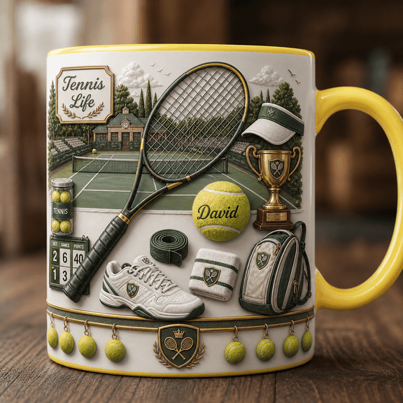 Personalized Tennis Mug Custom Name Coffee Cup with Tennis Racket & Ball Gift
