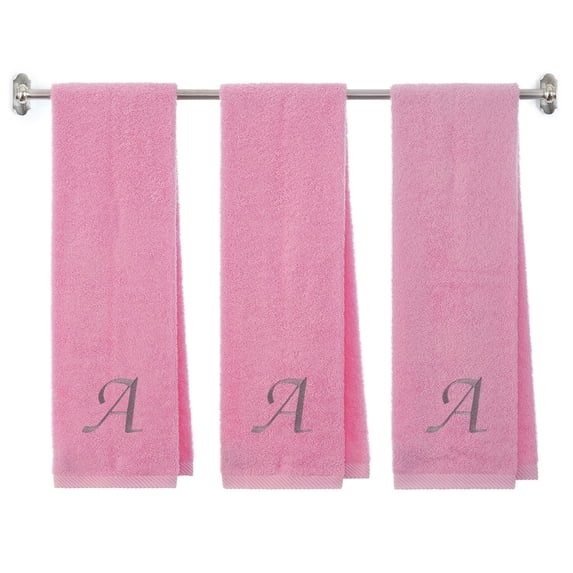 Personalized Terry Cotton Gym Fitness Towel for Men, Women, Girls, Boys - Terry Cotton Gym Fitness Towel - 13 x 44 inches - 3-Pack - Pink Color Towel - Silver Script initial A