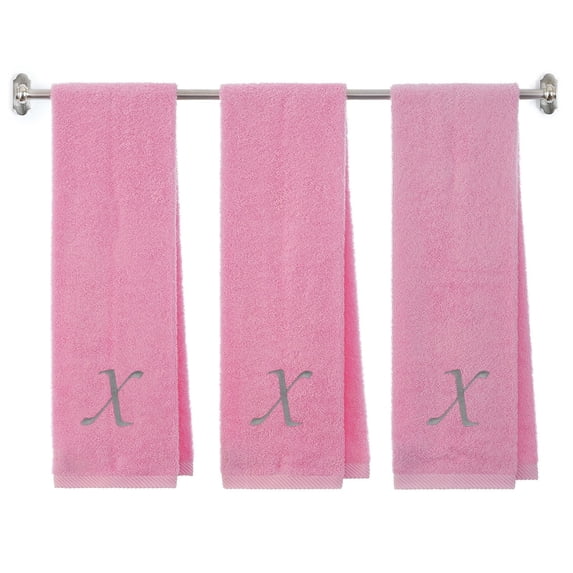 Personalized Terry Cotton Gym Fitness Towel for Men, Women, Girls, Boys - Terry Cotton Gym Fitness Towel - 13 x 44 inches - 3-Pack - Pink Color Towel - Silver Script initial X