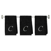 BYLORA Personalized Terry Cotton Hand Towel for Bathroom and Kitchen - Personalized Gift - Black Color Towel - Silver Script Initial C