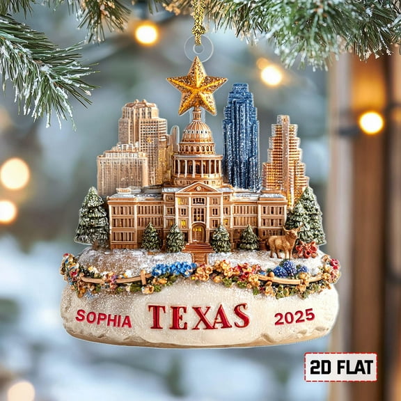 Personalized Texas Christmas Ornament 2025, 2D Flat State Capitol Ornament, Austin Skyline Holiday Decoration