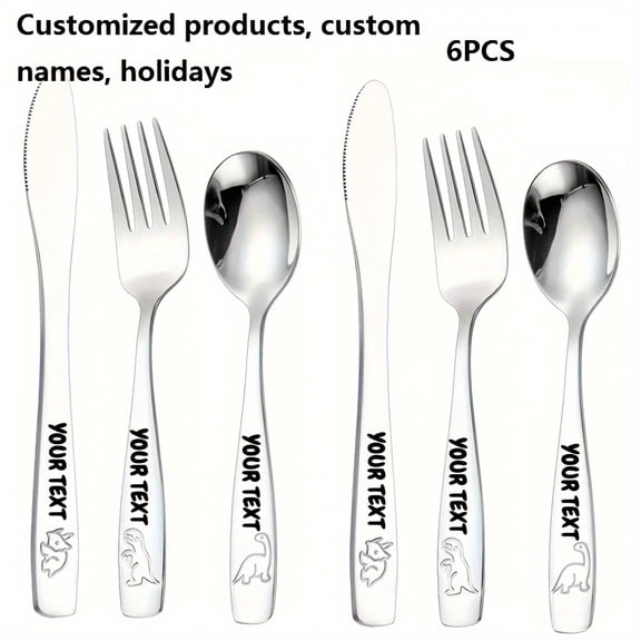 Personalized Text 304 Stainless Steel Tableware Set, Engraved Name Children's Knives Forks Spoons with Cute Featuring Dinosaur