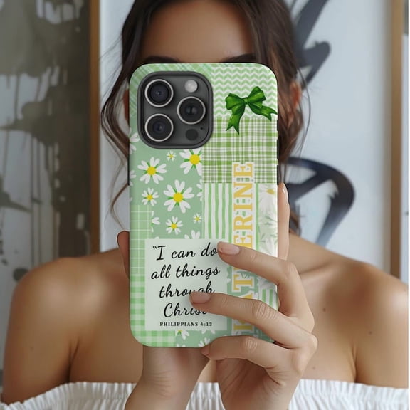 Personalized Text Bible Verse Phone Case, Custom Name Christian iPhone Case, Daisy Patchwork Green Aesthetic Cover, Faith Gift