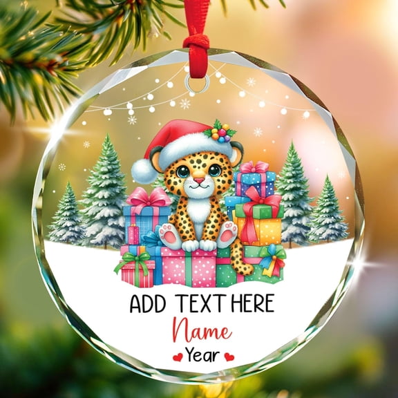 Personalized Text & Name Leopard Wearing Santa Hat Ornament, Leopard Christmas Ornament 2025, Customized Animal Lovers Glass Keepsake Ornaments, Custom Animal Xmas Tree Decor Gift for Kids Boys Girls