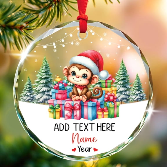 Personalized Text & Name Monkey Wearing Santa Hat Ornament, Monkey Keepsake Christmas Ornament 2025, Customized Animal Xmas Tree Decor, Custom Animal Glass Christmas Ornament Gifts for Son Daughter