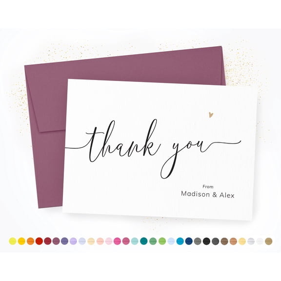 Personalized Thank You Greeting Card, Minimalist Script Design with Plum Envelope, Custom Note from Madison and Alex for Weddings, Showers, and Appreciation.